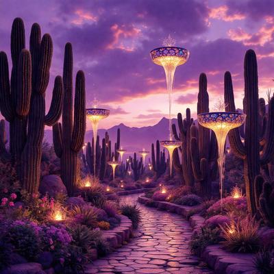 The primary subject of the image is a pathway lined with purple flowers and cacti. The setting is a desert-like environment, with a mountain visible in the background. The visual style is a digital art, creating a surreal and whimsical atmosphere. The dominant colors are purple and pink, with the flowers and cacti adding a touch of green.